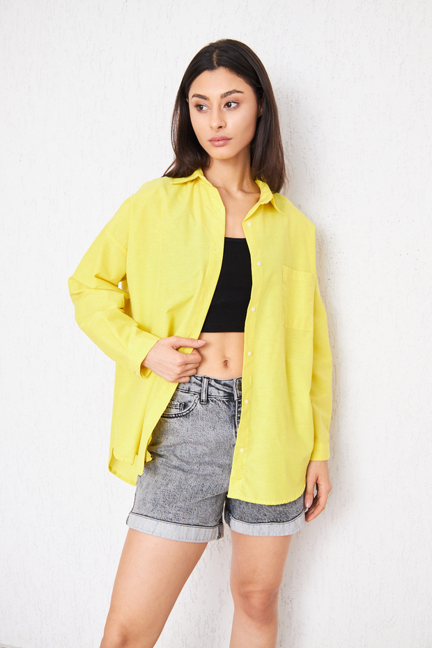 Women's Trendy Yellow Tunic Shirt with Pockets and Buttons