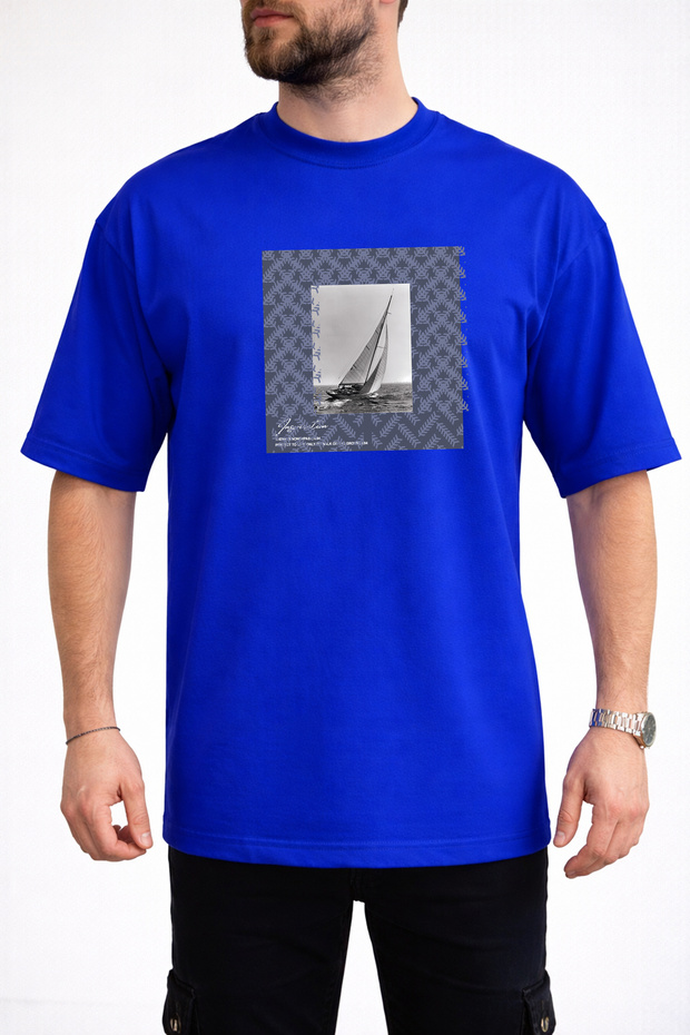 Men's Modern Graphic Sailing Crew Neck Cobalt Blue T-Shirt