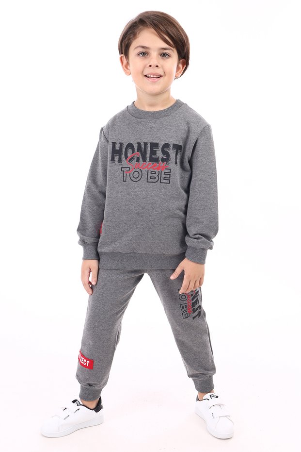 Boy's 2-Piece Set with Arma Detail, Printed Crew Neck Sweatshirt & Elastic Waistband