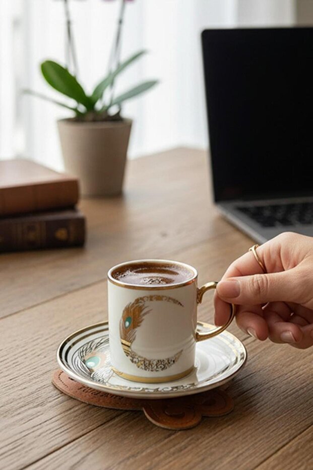 6-Person Peacock Patterned Porcelain Turkish Coffee Cup Set - 90 ml
