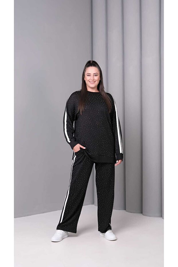Women's Plus Size Black, Stone Detailed, Striped Tracksuit Set 65N39390