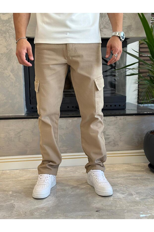Men's Baggy Fit Denim Cargo Trousers Milky Brown Eca038