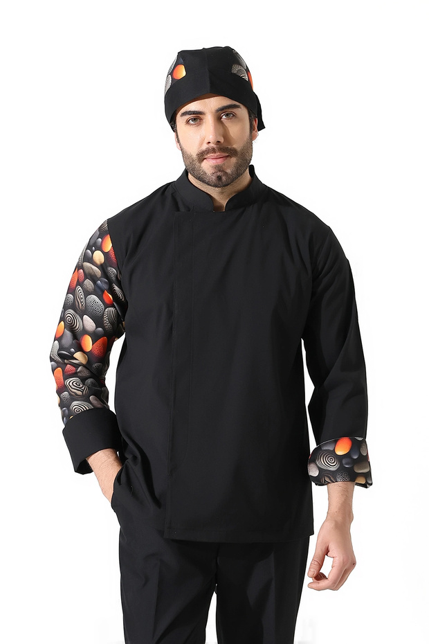 Men's lycra sleeve patterned chef jacket - 6403 black pebble