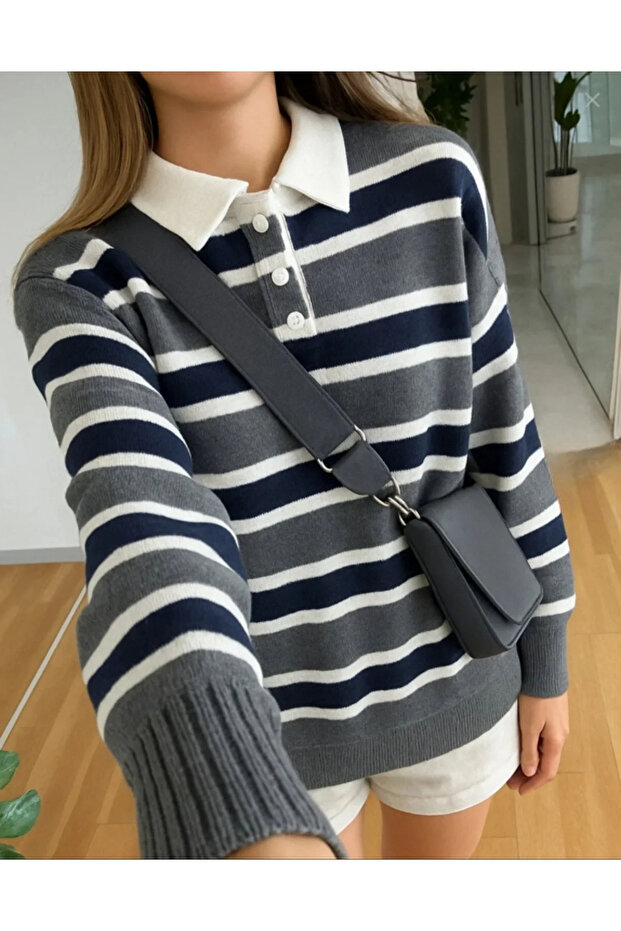 Women's Anthracite Striped Polo Collar Buttoned Long Sleeve Oversize Soft Textured Knitwear Sweater