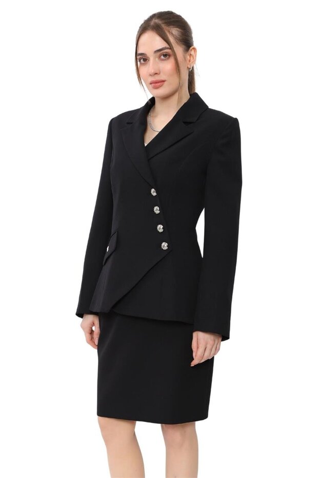 Men's Collared Asymmetrical Double-Breasted Women's Jacket - Black - 1179100