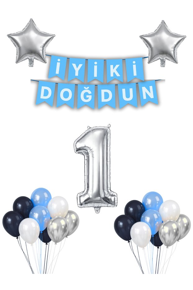 1 Year Old Birthday Balloon Set 20 Balloons 2 Stars & Age Helium Balloon & Banner Birthday Party Set