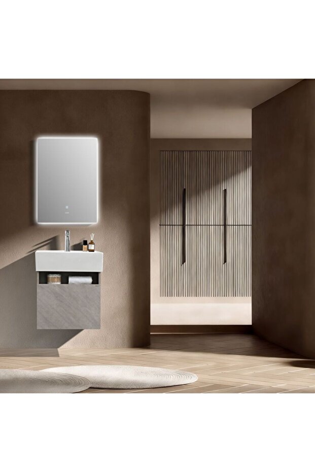 Luxe Souq Vanity, Grey Plywood Bathroom Vanity with LED Mirror & Wash Basin, 510x450mm