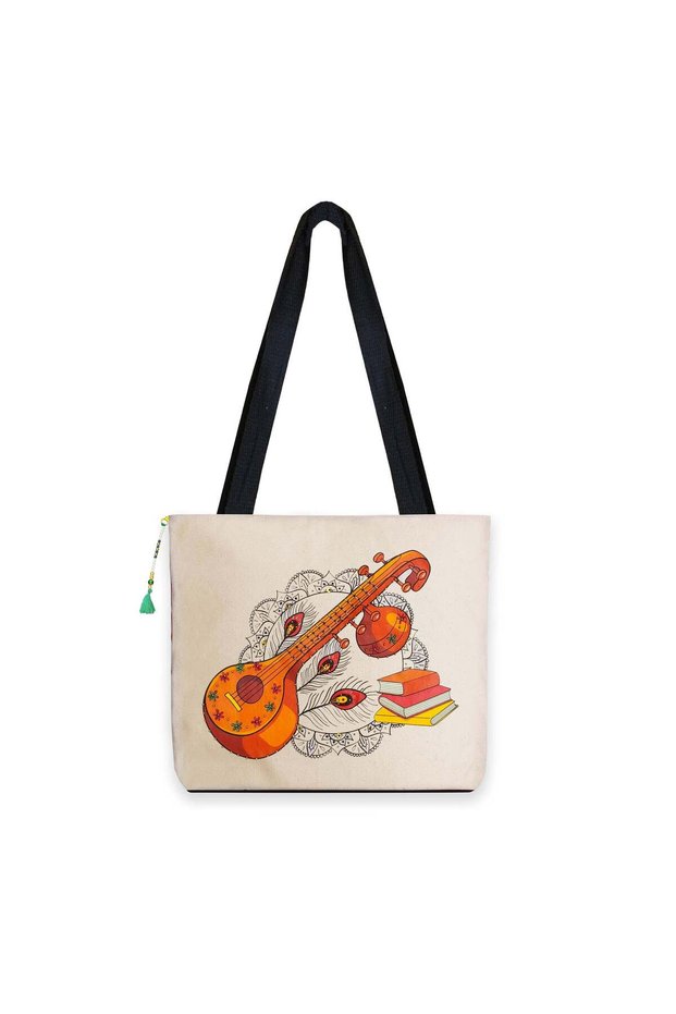Veena Art Canvas Tote Bag for Women, Ethnic Music Inspired Design, Beaded Detail Shoulder Handbag, Cultural Theme Stylish Everyday Bag