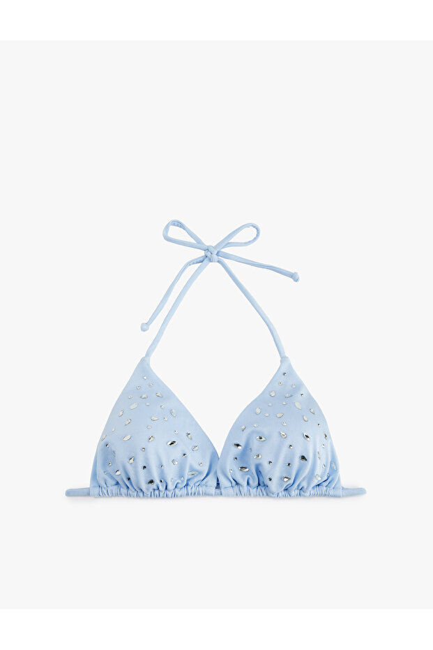Halter Neck Drawstring Triangle Stone Bikini Top - 3