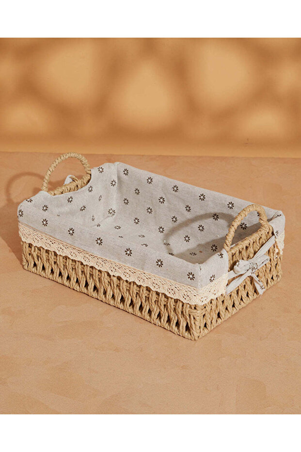 سلة مستطيلة بيج اللون مع غطاء قماشي (متوسطة الحجم) - 3