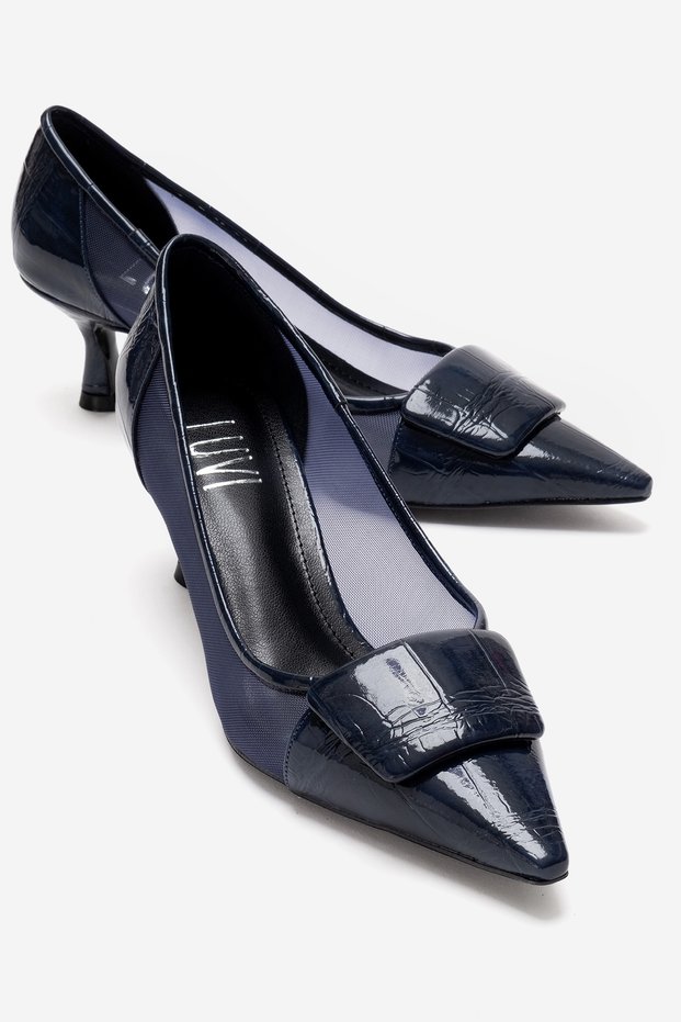 Ola Navy Blue Patent Leather Women's Heeled Shoes with Mesh Detail