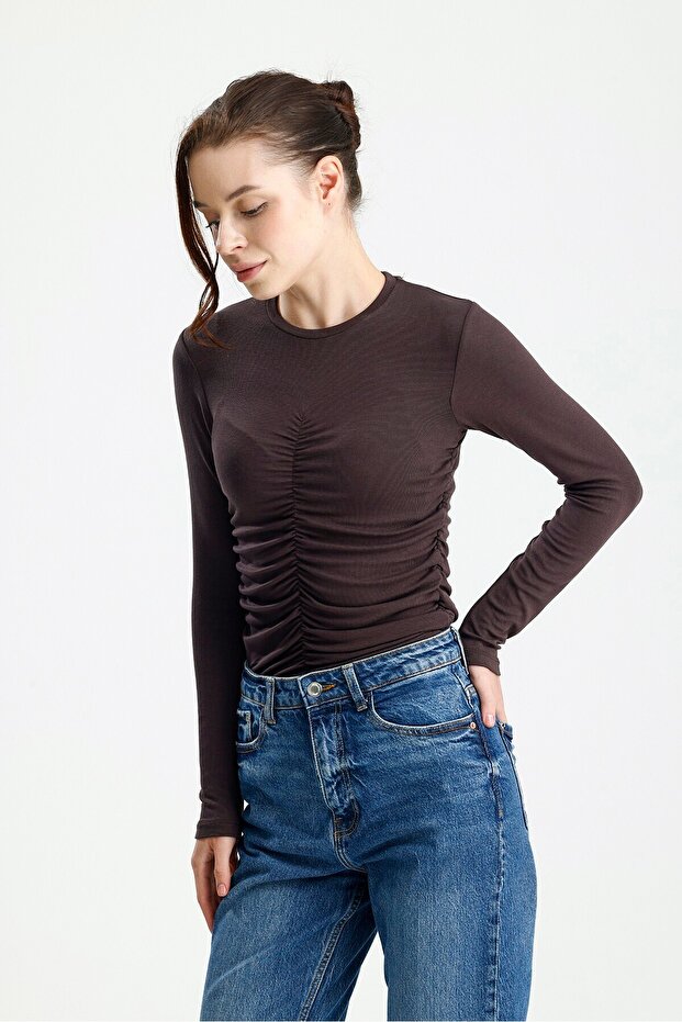 Brown Long Sleeve Drawstring Badi
