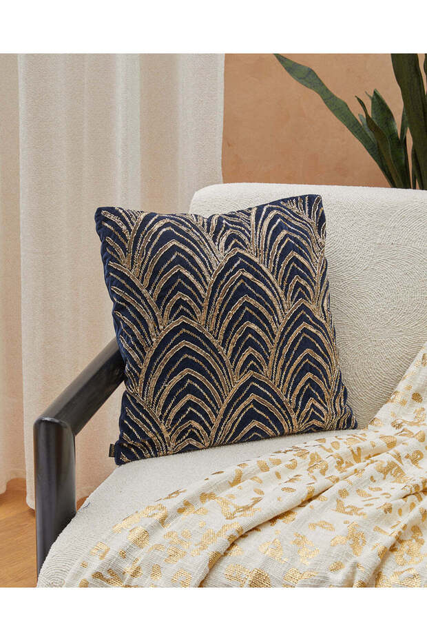 Navy Beaded Velvet Cushion
