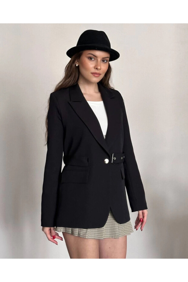 Women's Belted Buckle Detail Premium Blazer Jacket Black