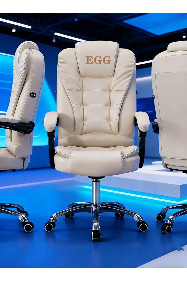 كرسي مكتب مريح بمقاعد معدنية - كرسي كمبيوتر دوار 360 درجة - كرسي مكتب من الجلد الصناعي الأبيض - 3