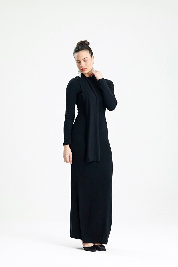 Black Collared Long Sleeve Dress with Scarf