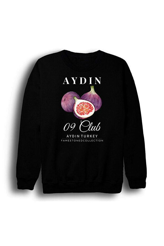 Aydın 09 Fig - Fruit - Coast - Beach City Printed Unisex 100% Cotton Crew Neck Black Sweatshirt