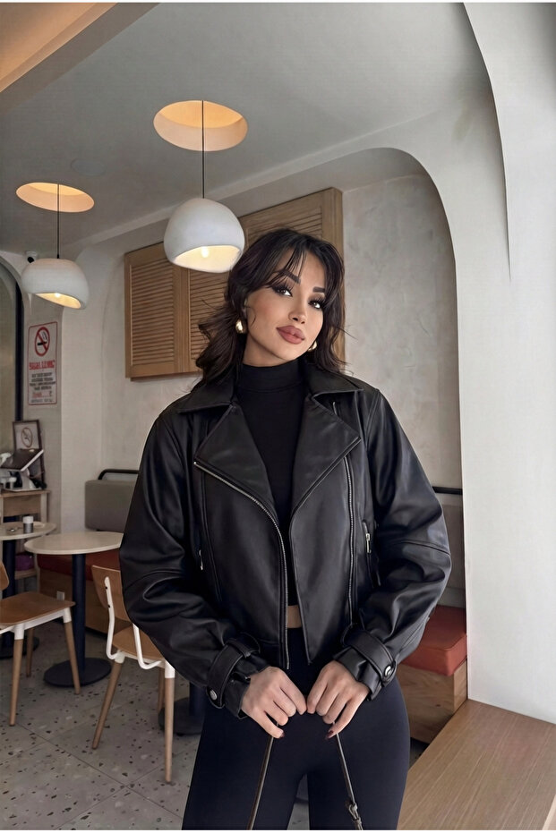 Women's Black Oversized Leather Jacket