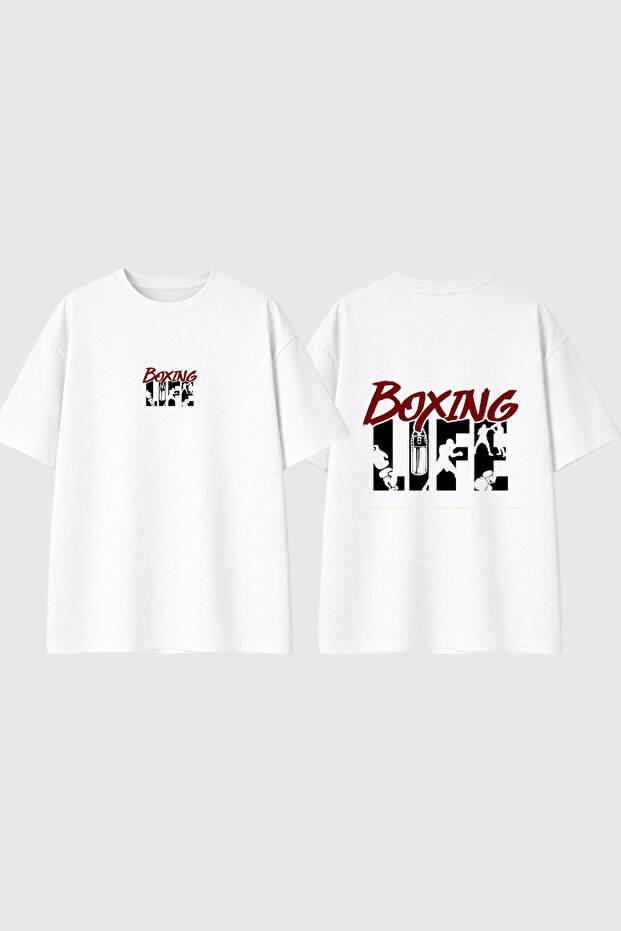 Shadow Boxing Design Printed White Oversize T-Shirt