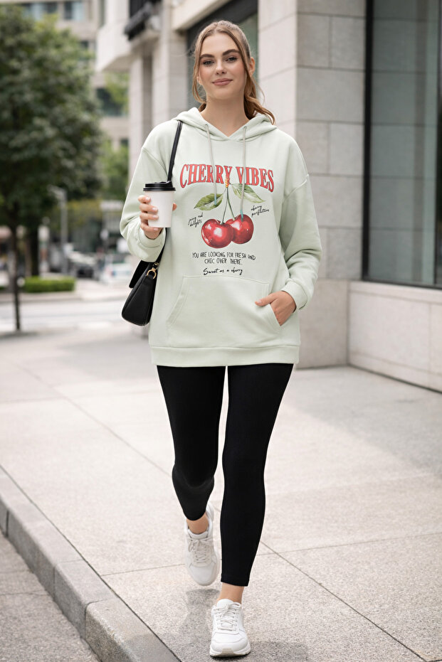 Women's Mint Cherry Printed Oversize Hooded Sweatshirt Hoodie
