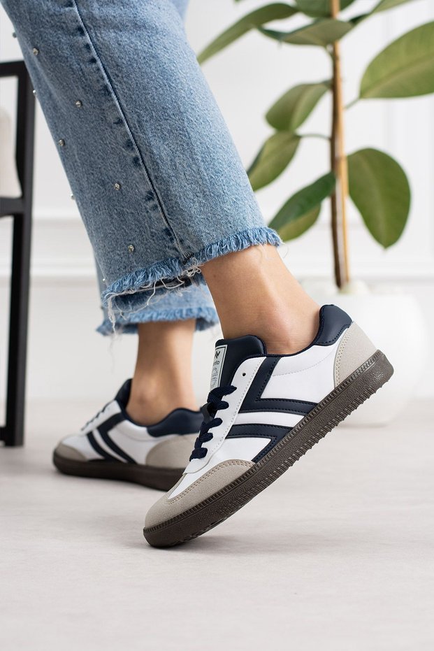 Retro-V Unisex Rubber Sole Lace-Up Retro Sneaker Sports Shoes White Cream Navy Blue
