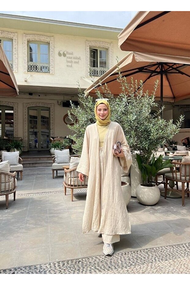 Women's Casual Wrinkled Textured Long Kimono Jacket and Pants Set – Seasonal Oversize Comfortable Set