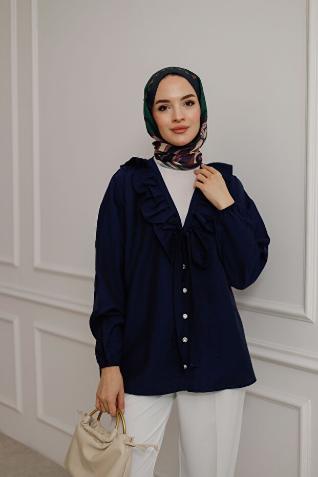 Women's V-Neck Front Ruffle Detailed Hijab Shirt