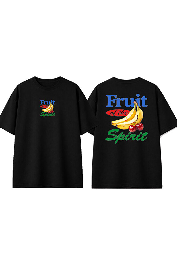 Fruit Spirit Design Printed Black Oversize T-Shirt