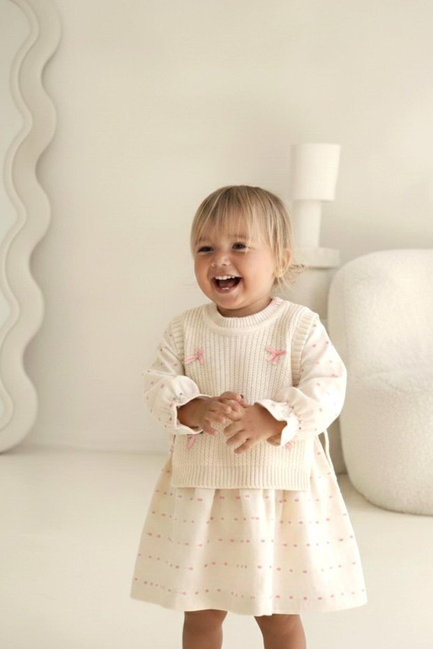 Girl's Cotton Polka Dot Patterned Dress - Knit Vest Detail, Bow Applique