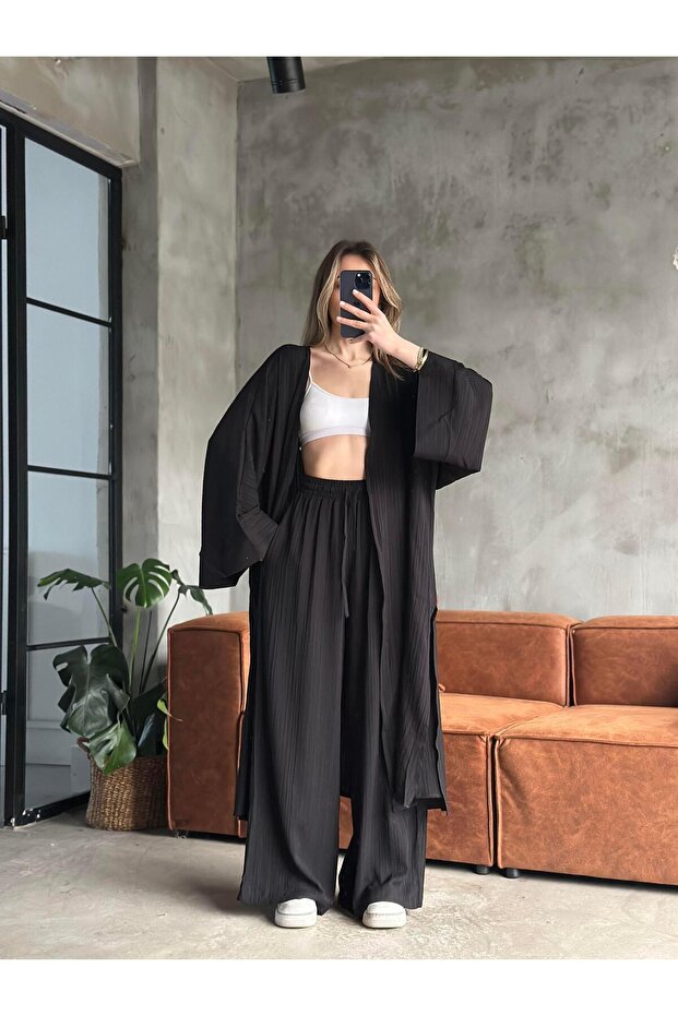 Women's Casual Wrinkled Textured Long Kimono Jacket and Pants Set – Seasonal Oversize Comfortable Set