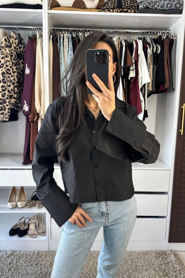 Three Button Detail Back Tunnel Shirt - Black Black