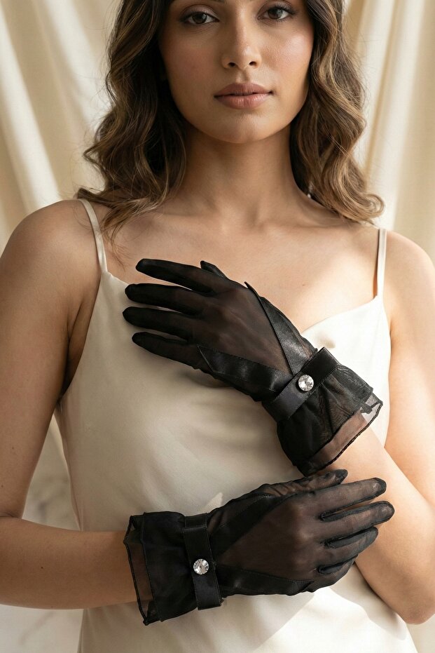 Ivory Veil Couture Ruffled Tulle Stone Detailed Bow Special Design Premium Bridal Glove