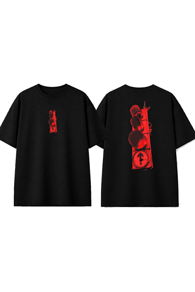 Red Light Design Printed Black Oversize T-Shirt