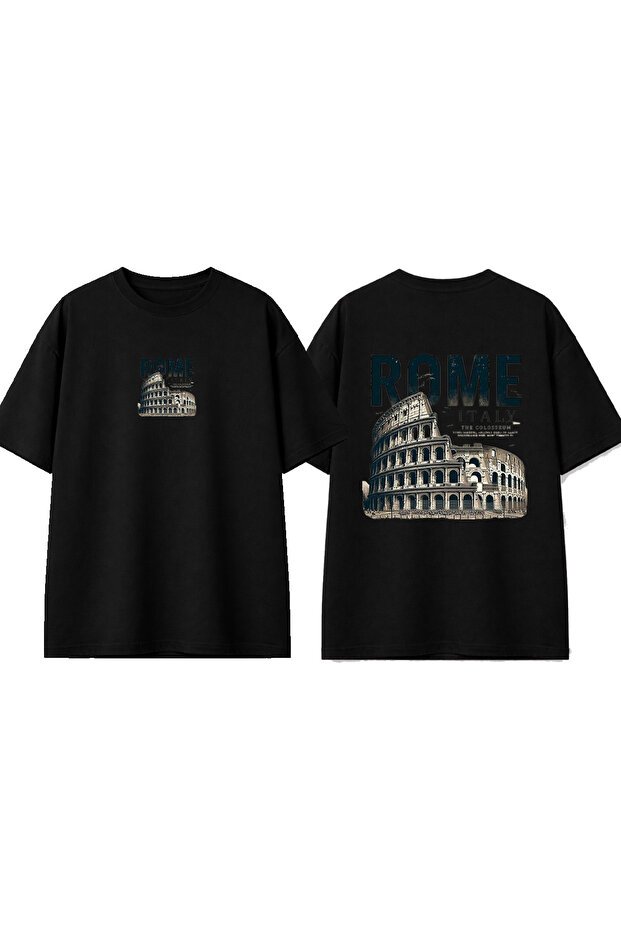 Rome Design Printed Black Oversize T-Shirt