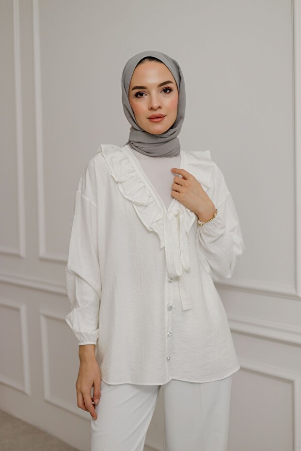 Women's V-Neck Front Ruffle Detailed Hijab Shirt