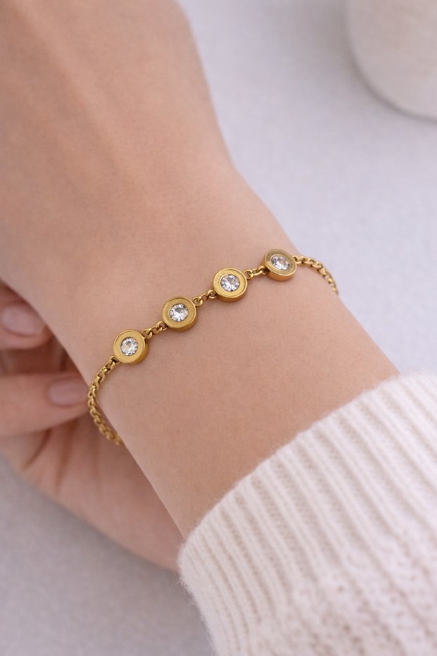 Women's Gold Color Round Stone Detailed Bracelet – Adjustable