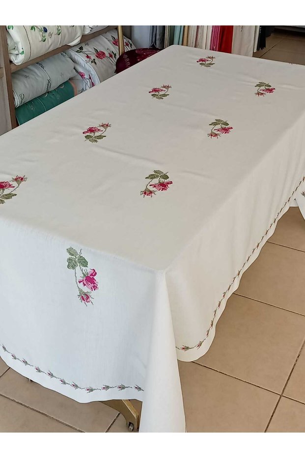 Cross-Stitch Floral Embroidered Cream Color Tablecloth for 8 People