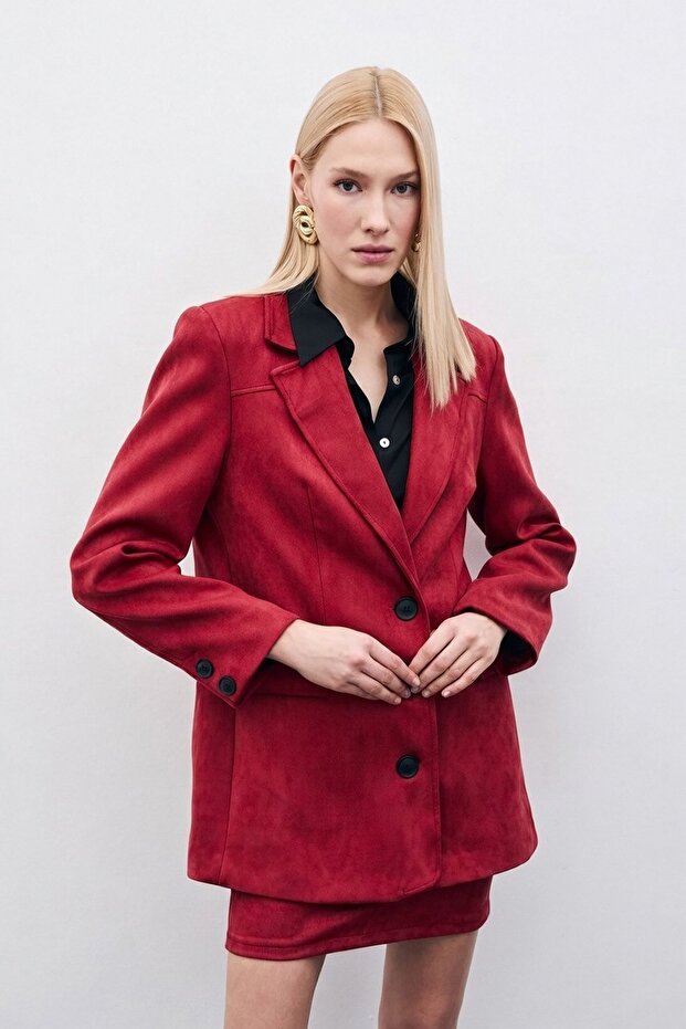 جاكيت من جلد الغزال بأزرار - أحمر كلاريت - 2