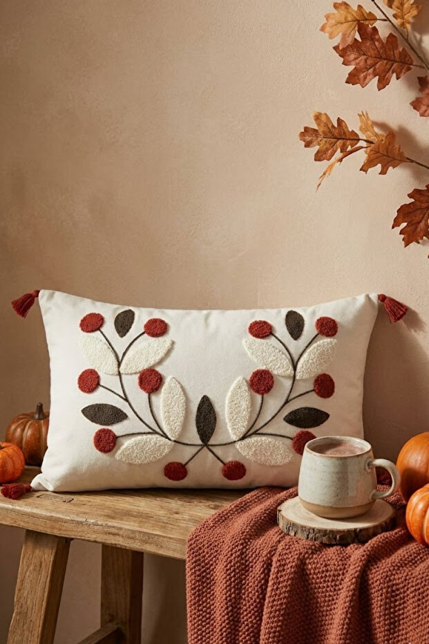Rustic Floral Rectangular Throw Pillow 35X55 cm - Decorative Cover with Tassels