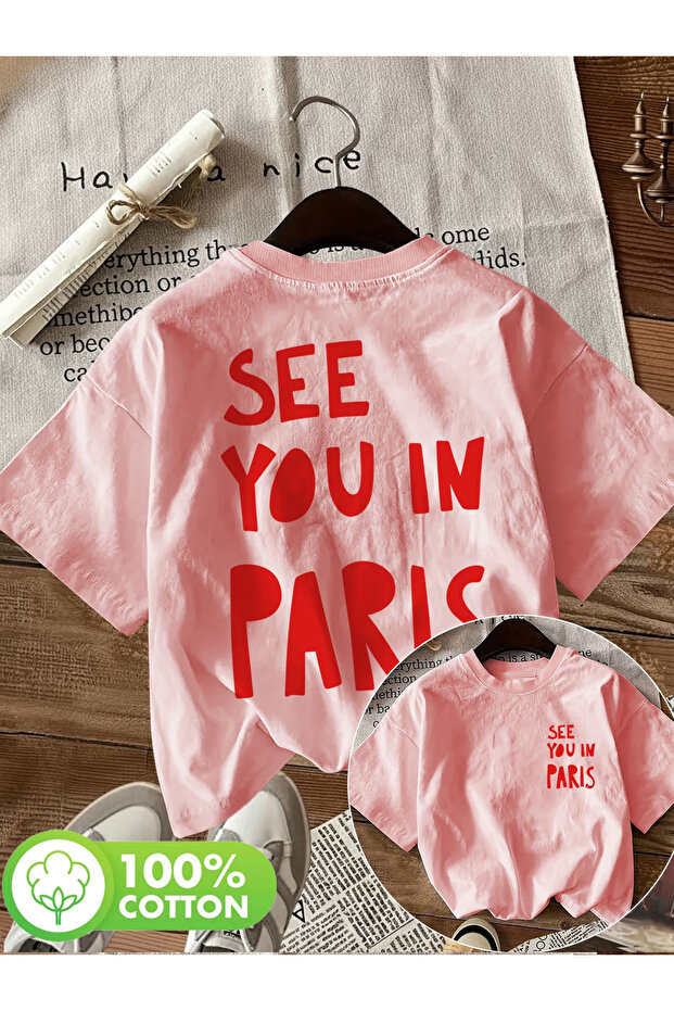 Unisex Oversize See You Printed Cotton Crew Neck Short Sleeve Pink T-Shirt