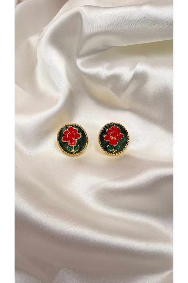 Women's Gold Framed Enamel Rose Earrings