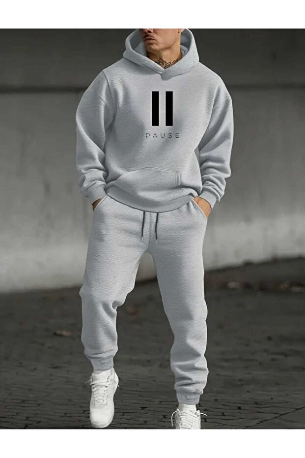 Men's Set-Top and Bottom PAUS Printed Hooded Sweatshirt