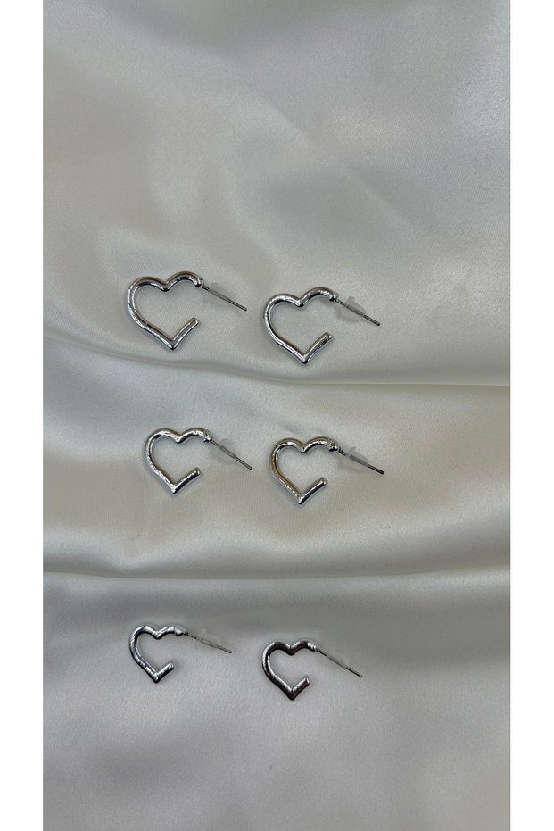 Women's Silver Color 3-Piece Heart Earrings