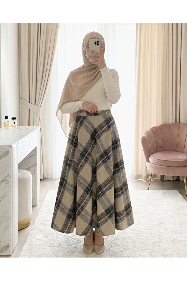 Plaid Patterned Side Zipper Cashmere Casual Stylish and Convenient Trendy Bell Skirt