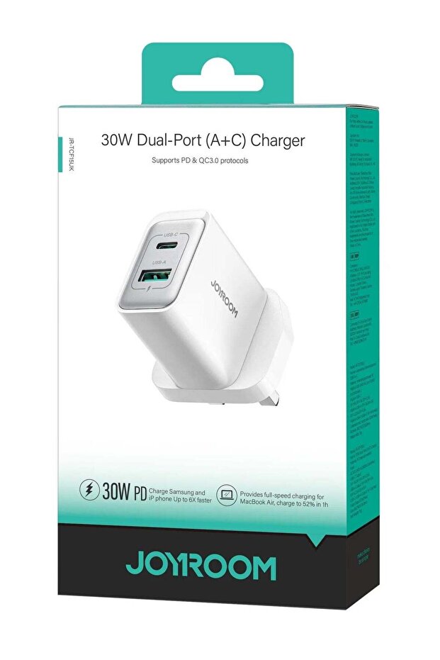 شاحن JR-TCF15 ثنائي المنافذ بقوة 30 واط (USB-C و USB-A) - أبيض