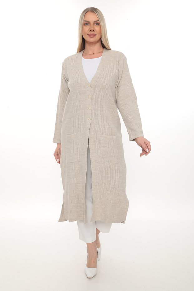 Steel Knit Buttoned Pocketed Knitwear Winter Thick Long Mother's Knit Cardigan