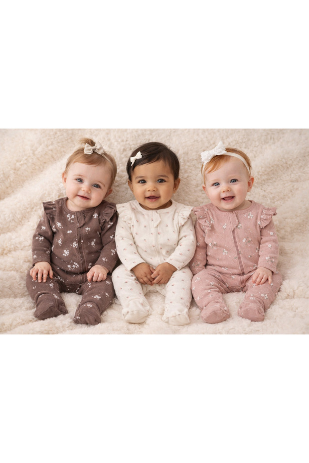 Floral Patterned Newborn Baby Girl 3-Piece Jumpsuit Set Combination Product