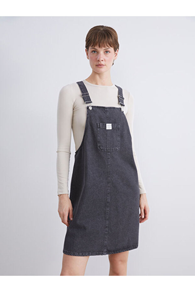 Square Roba Collar Jean Salopet Dress for Style Enthusiasts from Uzg Store