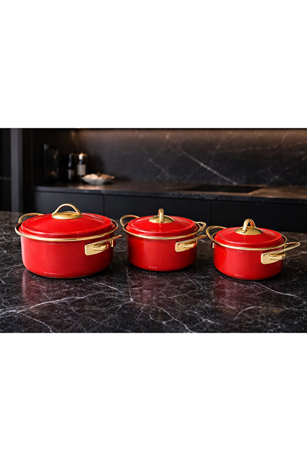 Cooka Home Induction Compatible Enamel Cookware Set 6 Pieces – 14 / 16 / 18 cm with Red Lids