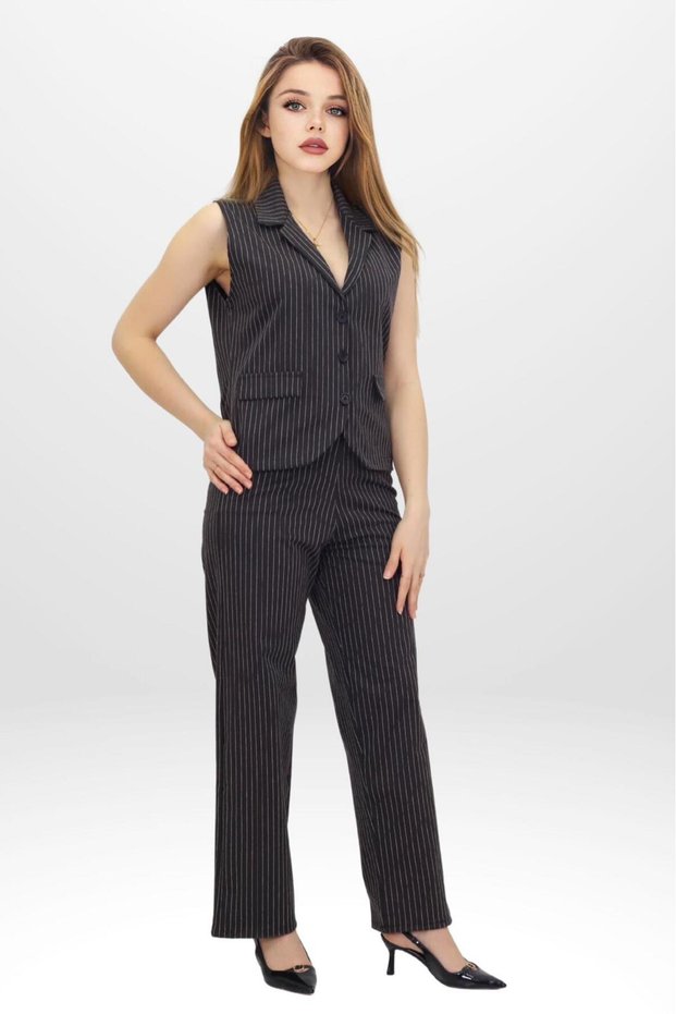Women's Brown Striped Vest Trouser Set - Stylish Top and Bottom Set with Blazer-Cut Vest